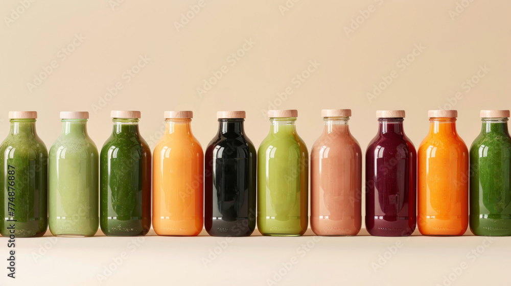 Bottled smoothies aligned in a row, commercial photo Bottled smoothies aligned in a row, commercial photo
