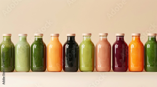 Bottled smoothies aligned in a row, commercial photo
