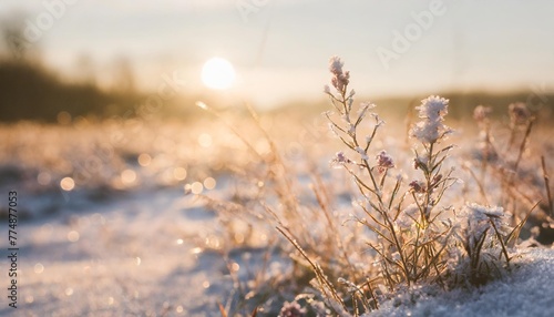 winter season outdoors landscape frozen plants in nature on the ground covered with ice and snow under the morning sun seasonal background for christmas wishes and greeting card