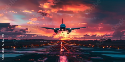 Passenger plane accelerating down the runway at sunset, under a vibrant sky