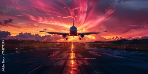 Passenger plane accelerating down the runway at sunset, under a vibrant sky © xartproduction