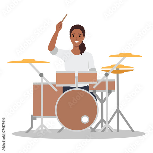 Drummer musician playing modern music at drum kit. Girl player, solo performer with drumsticks performing on percussion instrument with cymbals. Flat vector illustration isolated on white background