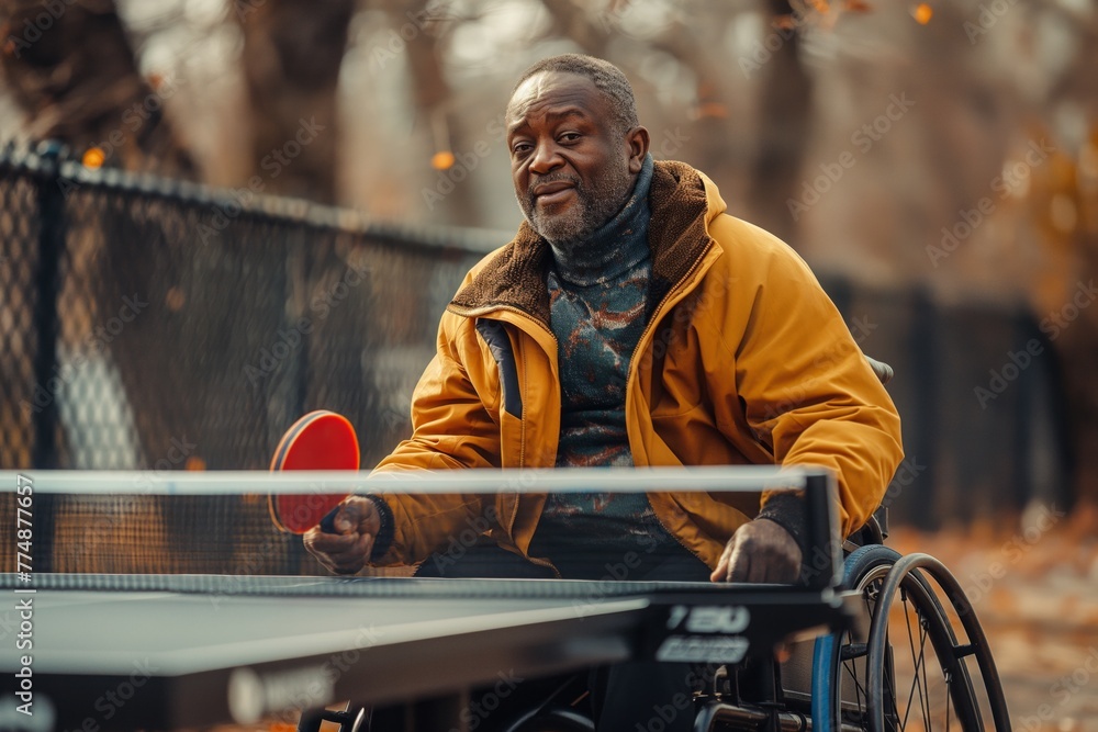 African American man playing table tennis in a wheelchair in the autumn park. Disabled person without the ability to move independently. Concept inclusivity, healthcare. African American man playing table tennis in a wheelchair in the autumn park. Disabled person without the ability to move independently. Concept inclusivity, healthcare.