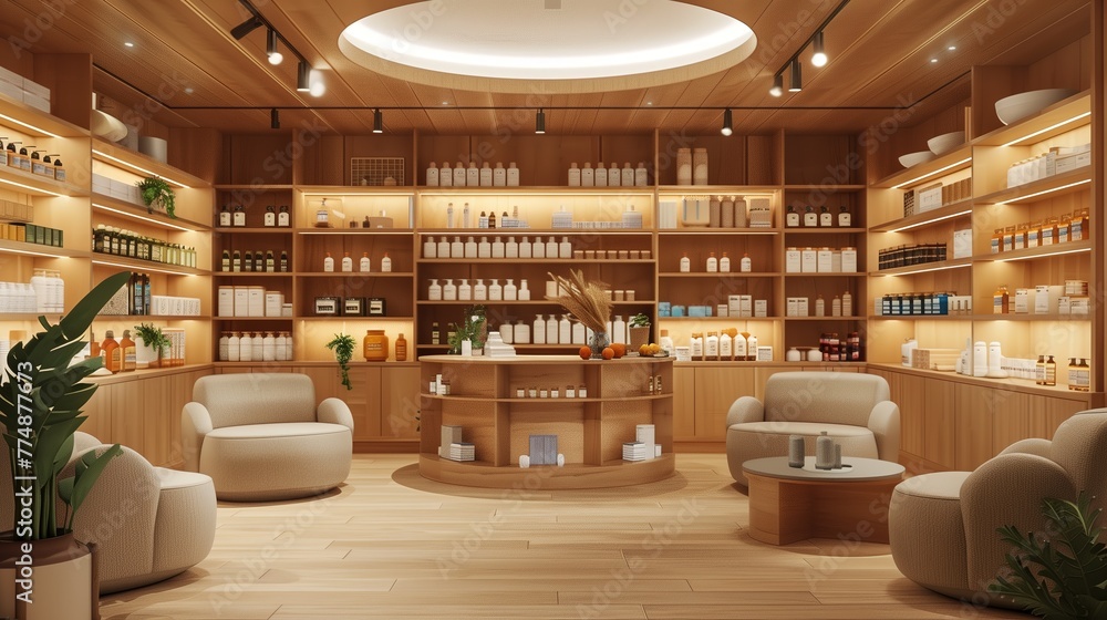 A cozy interior of an empty modern pharmacy, evoking a sense of warmth with soft lighting and inviting seating areas
