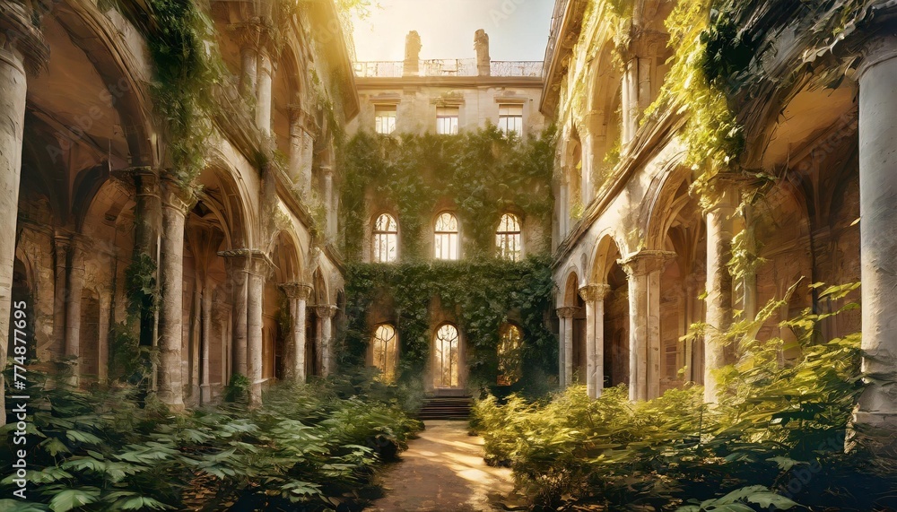 abandoned palace castle overgrown with vegetation ivy and vines empty atrium halls no one around building is captured by nature and vegetation 3d illustration