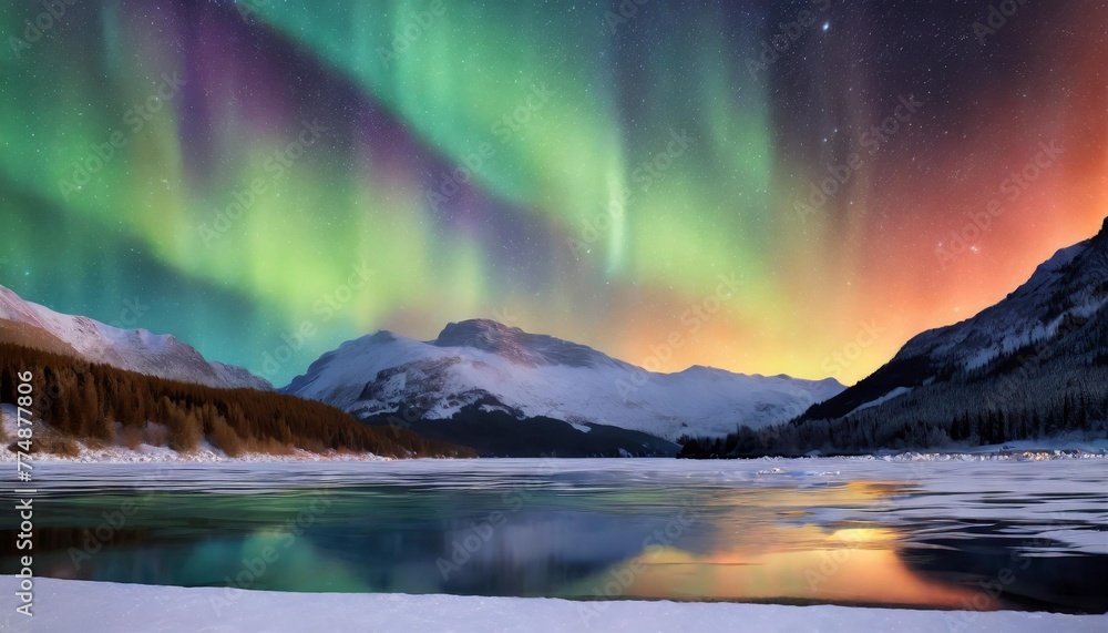 a painting of a colorful aurora bore in the night sky over a mountain lake with ice and snow on the ground