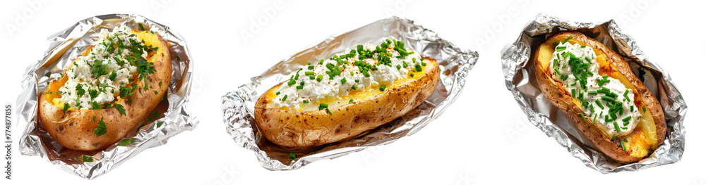 Delicious baked potato in aluminum foil with sour cream, isolated or transparent