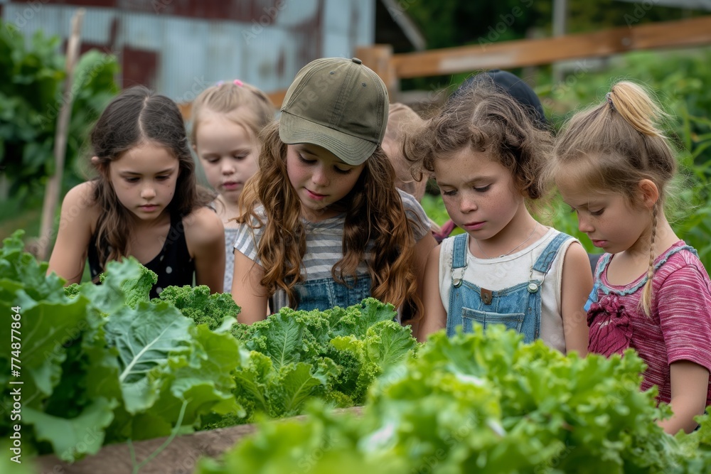 A group of schoolchildren learn about the importance of farming on a farm. Planting the trees, protect nature concept.