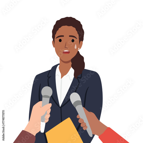 Pensive female politician thinking talking with reporters or journalists. Flat vector illustration isolated on white background