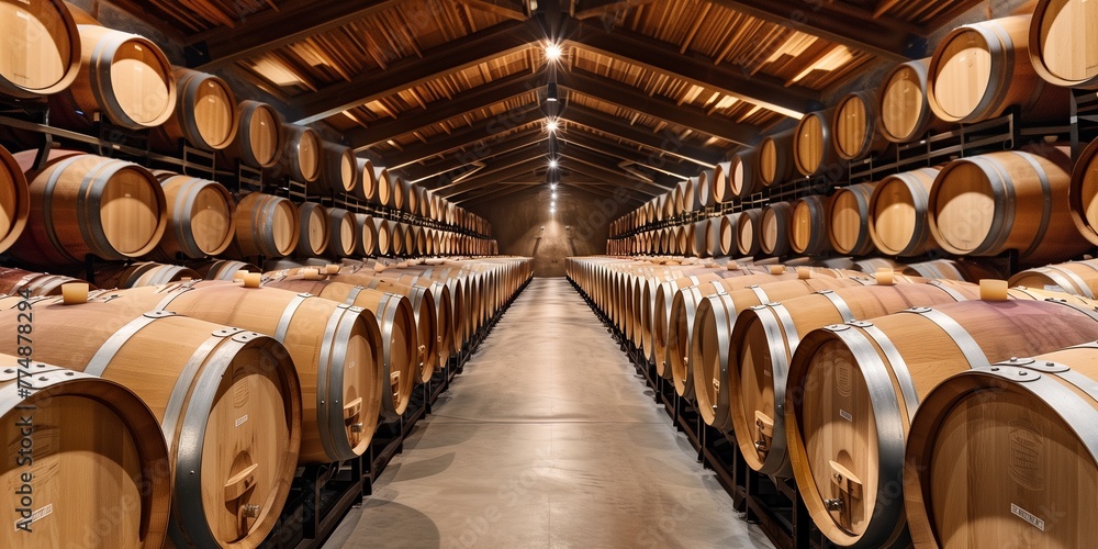 Barrel Room for Wine Aging: Oak barrels lining the cellar, each marked with the vintage year Barrel Room for Wine Aging: Oak barrels lining the cellar, each marked with the vintage year