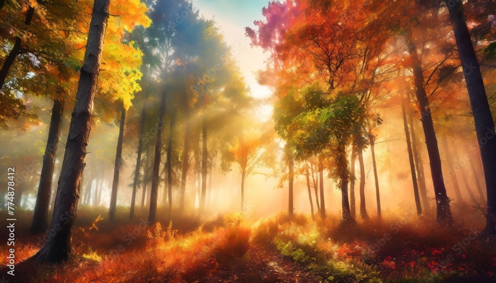 landscape in a fabulous forest rainbow spectrum of colorful autumn trees in unusual neon lighting fog background autumn fantasy