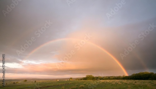 landscape with sky after rain at sunset with rainbow