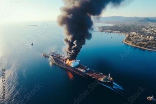 Aerial view of cargo tanker ship explosion with massive fire and billowing smoke on the ocean.