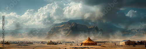 Ancient Israelis Living in Tents During a Wander,
Bedouin people and their nomadic way of life in the desert with tents camels and traditional clothing