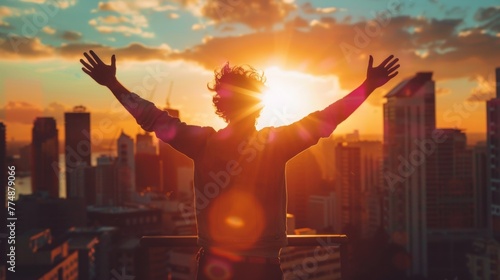 A man standing on a ledge with his arms outstretched, AI photo