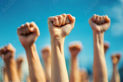 Team hands raised in fists, signifying corporate victory and successful achievement
