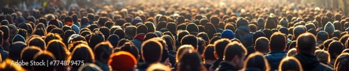 A large crowd of people standing in a line with their heads down, AI photo