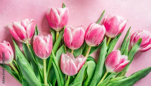 Bouquet Bliss: Top Down Composition of Pink Tulips with Copy Space
