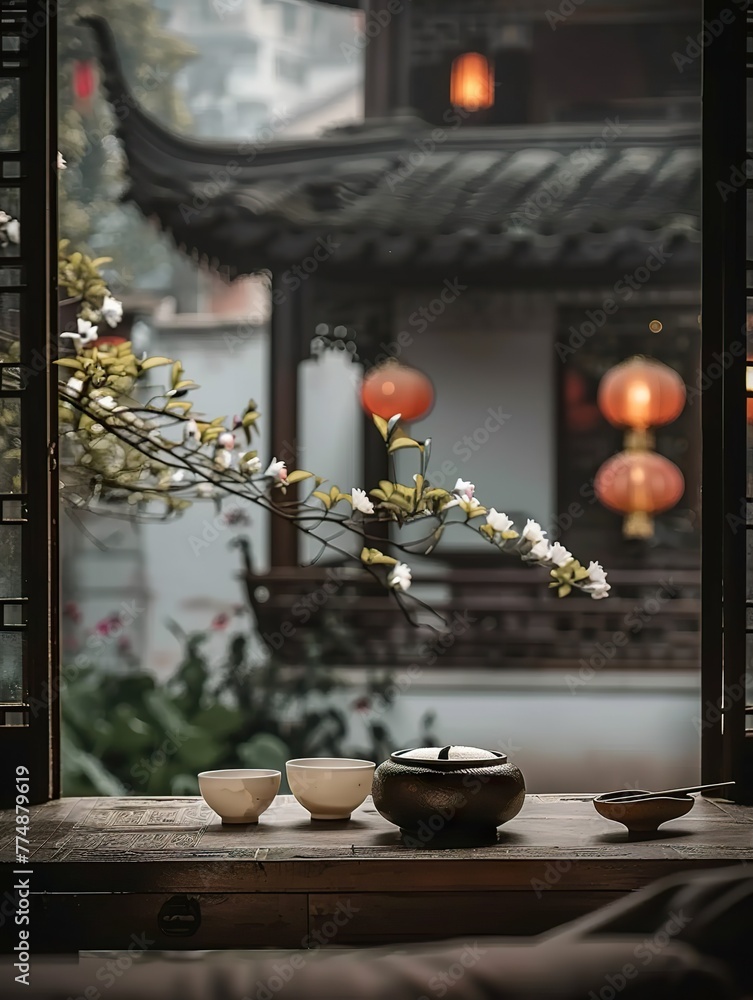 Chinese style tea room, with flowers and lanterns hanging in the background, in a small jiangnan courtyard - obrazy, fototapety, plakaty 
