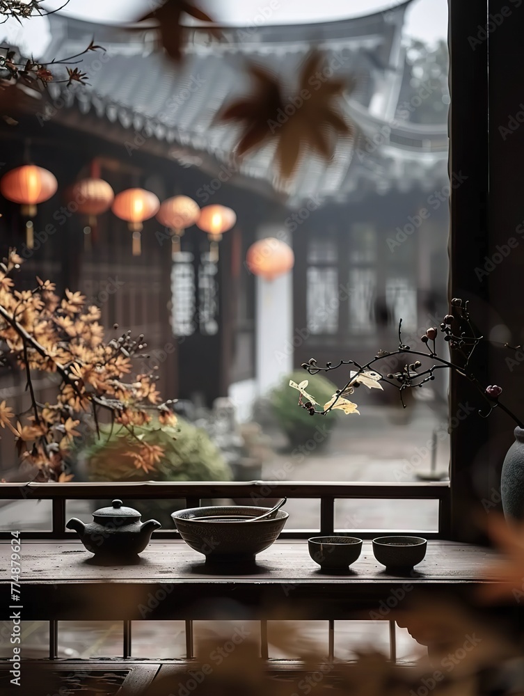 Chinese style tea room, with flowers and lanterns hanging in the background, in a small jiangnan courtyard Chinese style tea room, with flowers and lanterns hanging in the background, in a small jiangnan courtyard