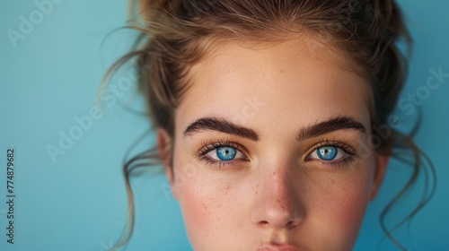 A close up of a woman with blue eyes and freckles, AI