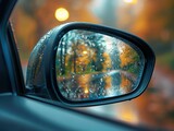 Car rearview mirror close-up, rearview mirror can see the data map, solid color background