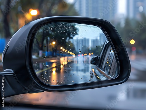 Car rearview mirror close-up, rearview mirror can see the data map, solid color background © JetHuynh