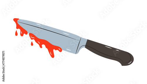 Bloody knife. Murder weapon with red blood stains. Criminal vector illustration. Clipart image isolated on white background