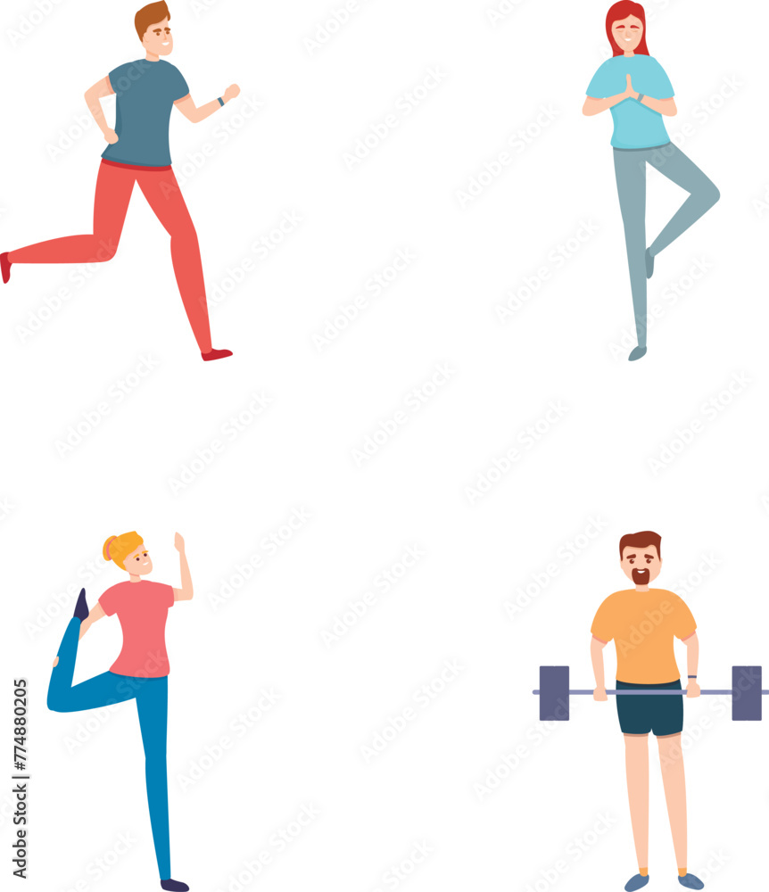 Fitness training icons set cartoon vector. People while doing physical exercise. Sport, healthy lifestyle
