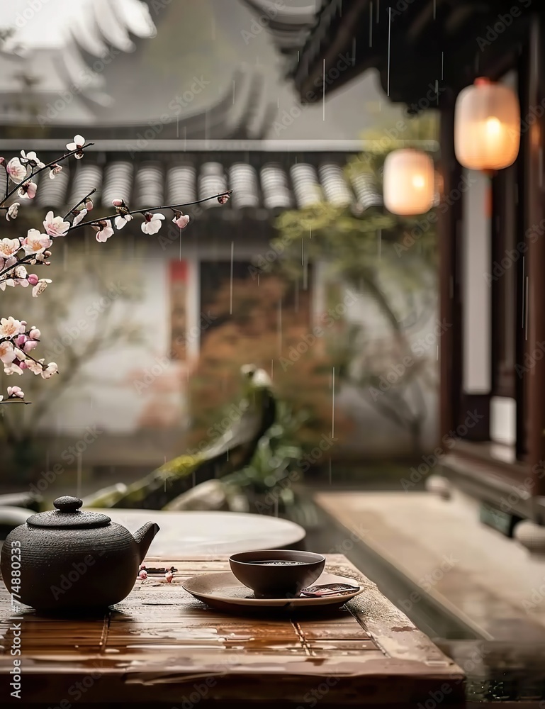 A minimalist tea set is placed on the table, with flowers and lanterns hanging in front of it. In an ancient building courtyard background