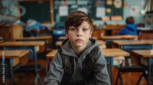 A kid sitting in his classroom and fearing type expression forget to bring homework or book, Generative AI.