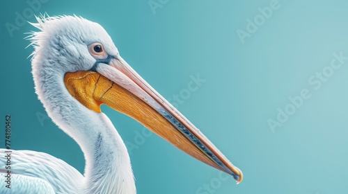 Close up pelican portrait on bright blue background, wide panoramic banner with copy space.