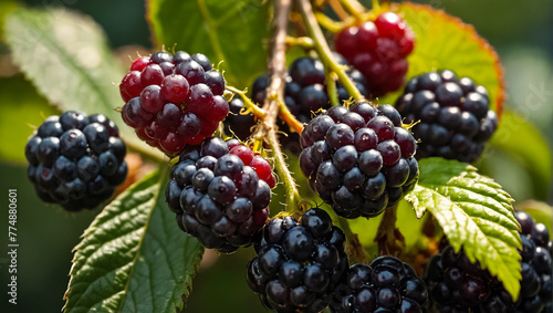 ripe blackberries on a branch of the garden harvest season