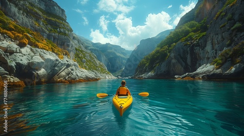 adventure seekers paddling kayaks along serene Mediterranean sea coastline