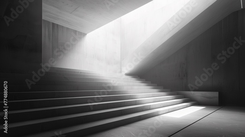 A black and white photo of a stairway with sunlight coming through, AI