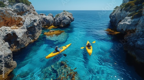 two yellow kayaks on clear blue sea near rocky cliffs under sunny sky