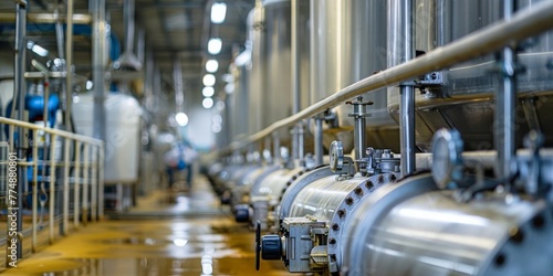 Dairy farm milking parlor. Automated milking rotary system for efficient cow milking.