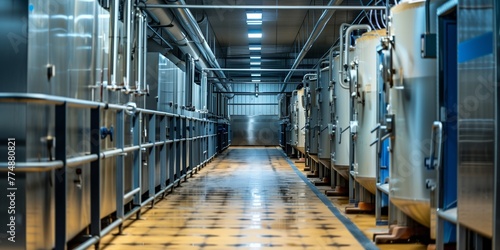 Dairy farm milking parlor. Automated milking rotary system for efficient cow milking.