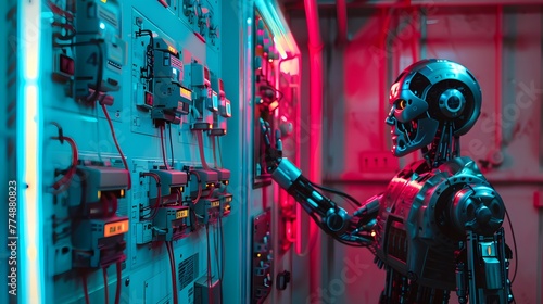 A humanoid robot electrician checks the panel in neon light photo