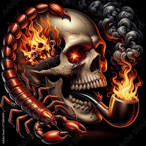 skull with mouth smoking using cigarette pipe, red eyes, scorpion on top of skull - version 4