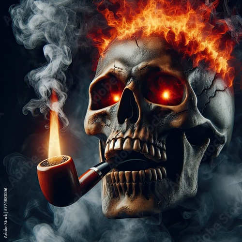 skull with mouth smoking using cigarette pipe, red eyes - version 2