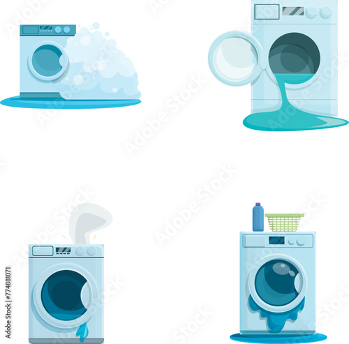 Washing machine icons set cartoon vector. Broken washing machine. Household appliance repair