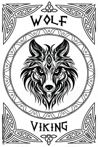 Viking Wolf Head Tatto And Pattern Frame. Unique Desgin Viking Tattoo