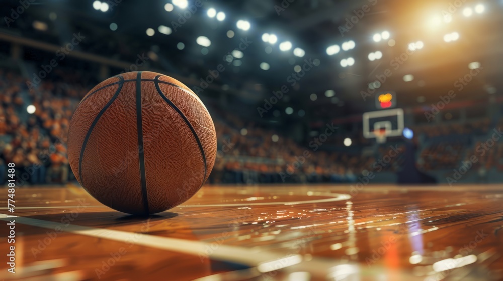 Basketball ball on an empty basketball court Basketball ball on an empty basketball court