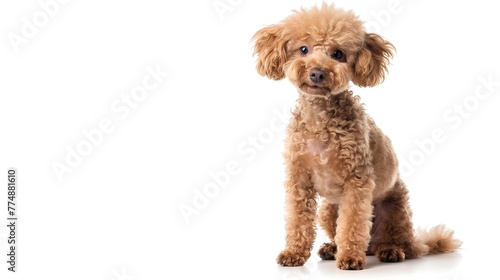 A Toy Poodle dog sits motionless and stares at the camera, against a pure white background