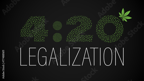 Text 420 with cannabis leaves, vector illustration. Cannabis legalization date celebrated annually on April 20