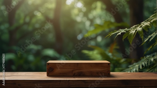 Wooden Showcase Podium Soft Leaves Background  3D Render