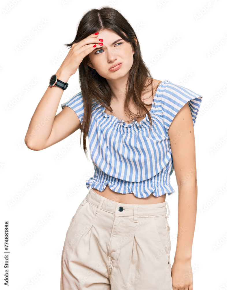 Young beautiful caucasian girl wearing casual clothes worried and stressed about a problem with hand on forehead, nervous and anxious for crisis Young beautiful caucasian girl wearing casual clothes worried and stressed about a problem with hand on forehead, nervous and anxious for crisis