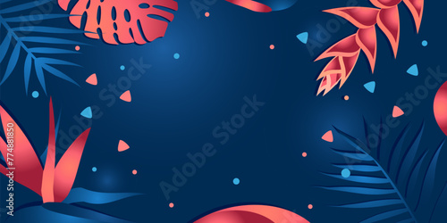 Tropical background. Vector web banner, poster, card for social media, networks. Frame of flowers on blue background. Template with copy space. Asian Pacific American Heritage Month background.
