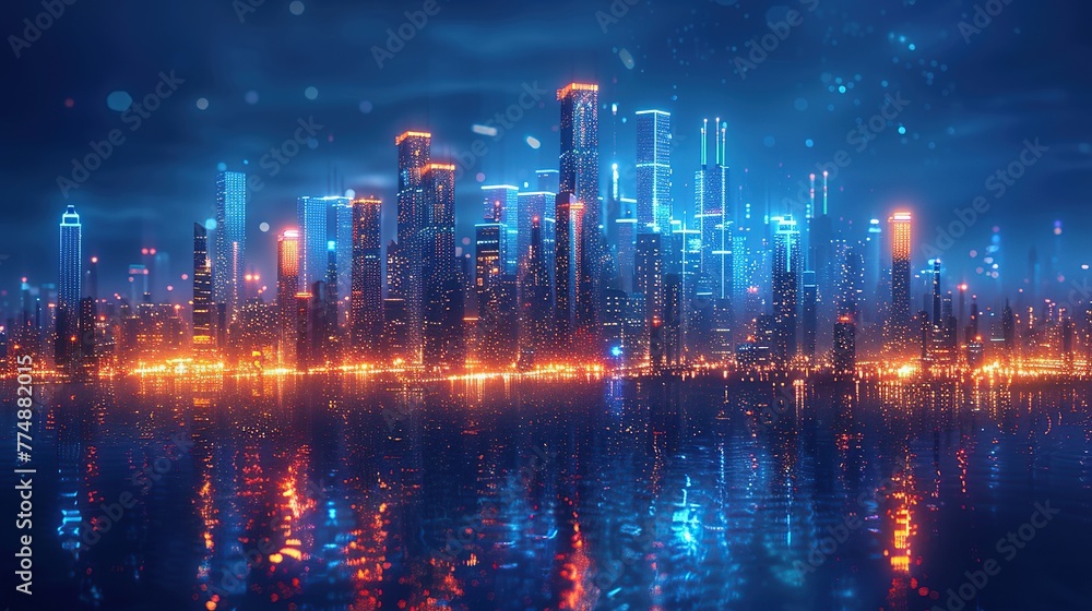 Cityscape on dark blue background with bright glowing neon futuristic style.